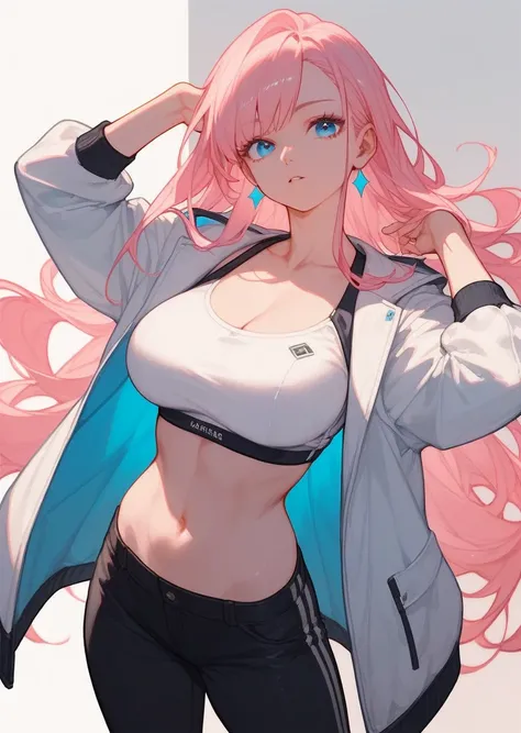 score_9, score_8_up, score_7_up, score_6_up, score_5_up, score_4_up, bang, 1girl, pink hair, long hair, blue eyes, ((white jacket)), big breast, ((pose)), black trousers,