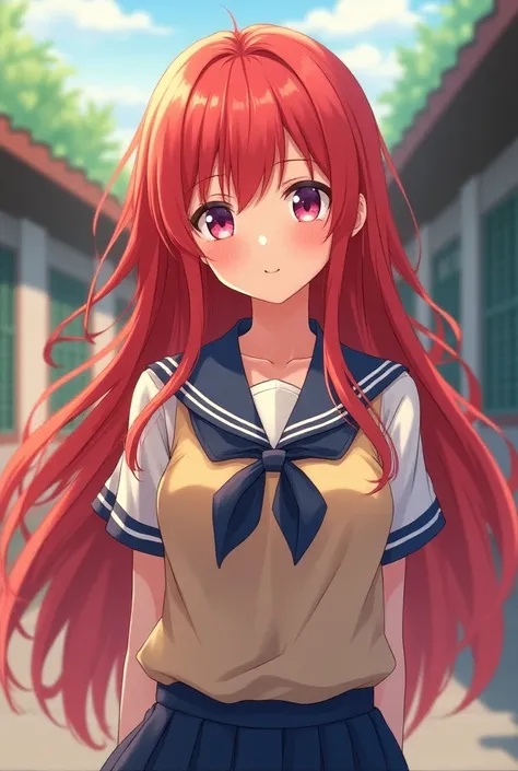 Beautiful red-haired anime girl in teenage school uniform