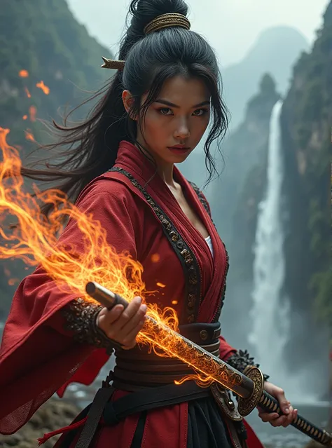 score_9, score_8_up, score_7_up, upscale 2x, (A close up cinematic shot of a female samurai wielding a sword with a glowing fire chinese dragon swirling around the blade, the blade is made of a glowing dragon, epic scenery. Focus on the katana, Dragon Samu...