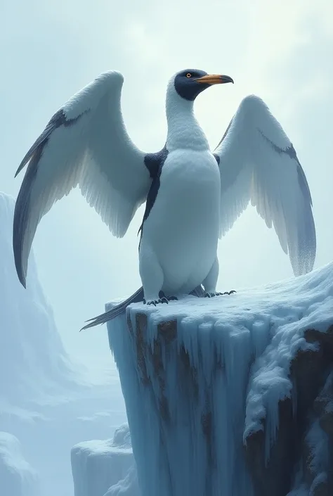 Penguin + Albatross Create A Powerfull Image a penguin-albatross creature standing majestically on an icy cliff 