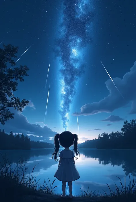 a girl with pigtails near the lake watches a starfall in the dark sky