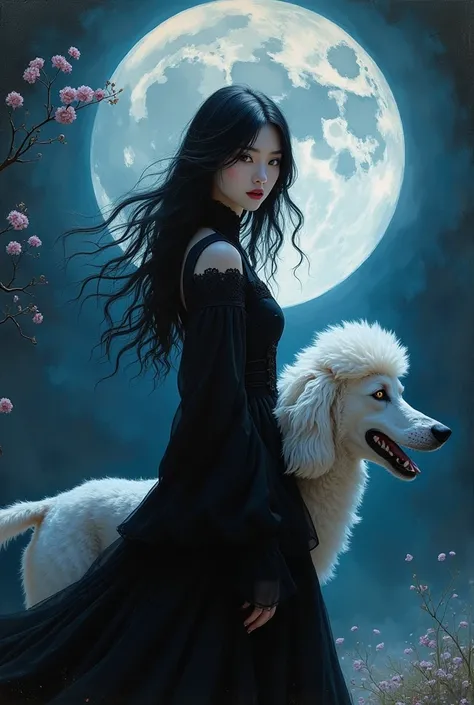 A strikingly elegant white poodle with sleek fur and piercing golden eyes prowls beside a captivating korean goth woman. She exudes mystery with her ebony hair, piercing blue eyes, and ghostly pale skin, draped in a flowing black dress under the luminous f...