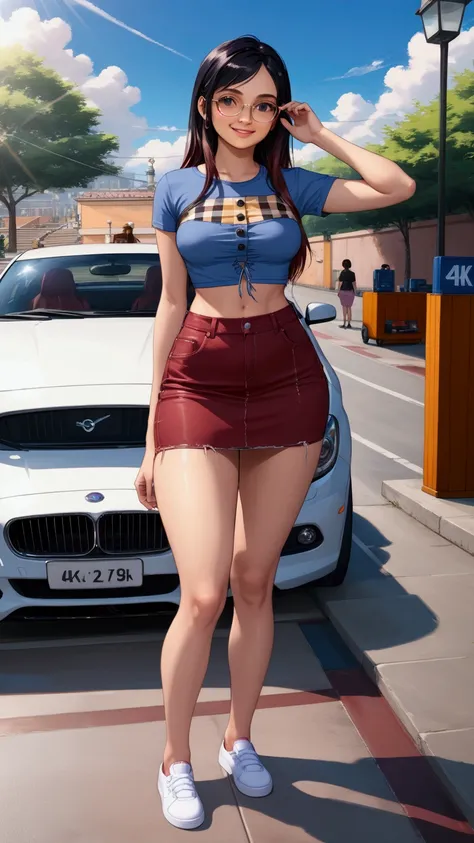 beautiful black hair woman, smiling and standing pose in front of car, nice blue sky, she is in long hair (+forehead), wears crop t-shirt, indigo-purple denim pencil mini skirt, eyeglasses, BREAK, (1girl, solo, full body, looking at viewer, front view), (b...