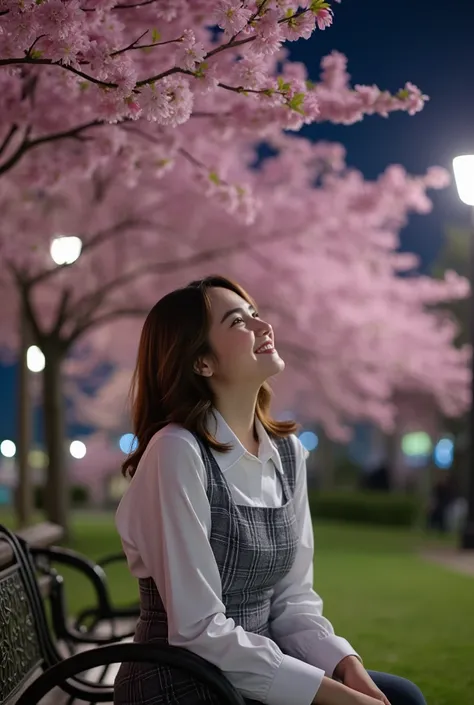 Night time,Dark,  Korean girl, gray plaid wavy skirt, pink brush , 8K, Park, white shirt, wolf hair, Doble layer hair dye, first layer are white, second layer are white, Looking up to see the cherry blossoms, pale solid colour background, cuff, up right po...