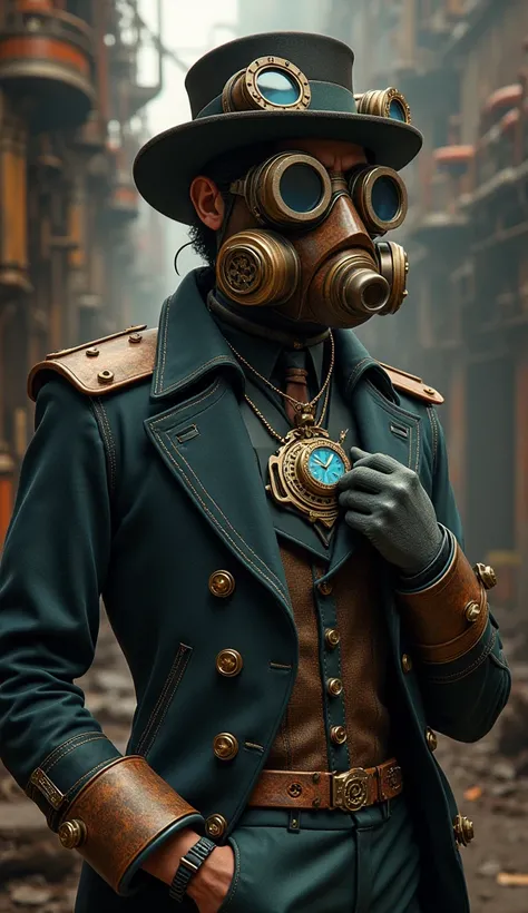  An elegant character in steampunk , welding goggles and respiratory mask ,  clothing with cuff mittens and a shiny blue watch on his chest