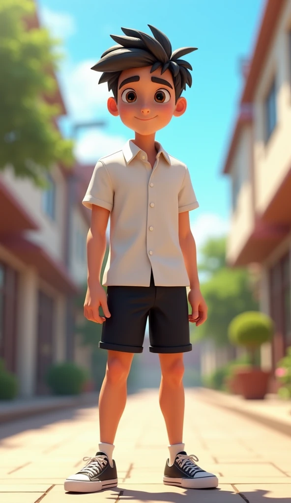 Create a 3D full body, Pixar style, Shogun, 17, smart teenager, a positive thinking student, sharp eyes, has medium short dark brown hair, wearing school white collar shirt, Black school shorts, wearing Black school canvas shoes. He is known for skipping c...