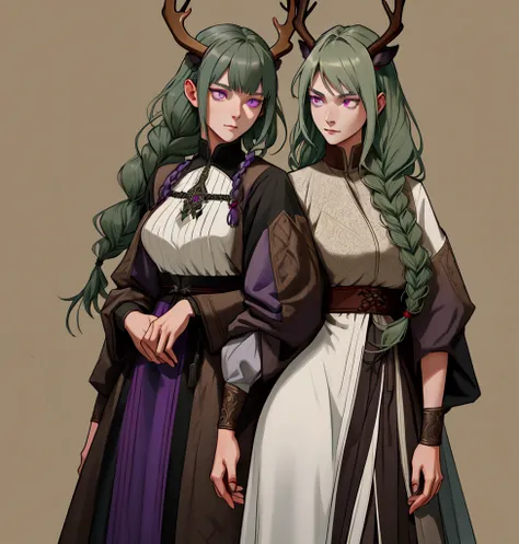 Female character, gray skin,  dark green hair separated in the middle with a fringe for the sides of the face,  a single long braid that goes up to leg height , wooden horns like deer, purple eyes and slender body .  She is wearing simple medieval style cl...