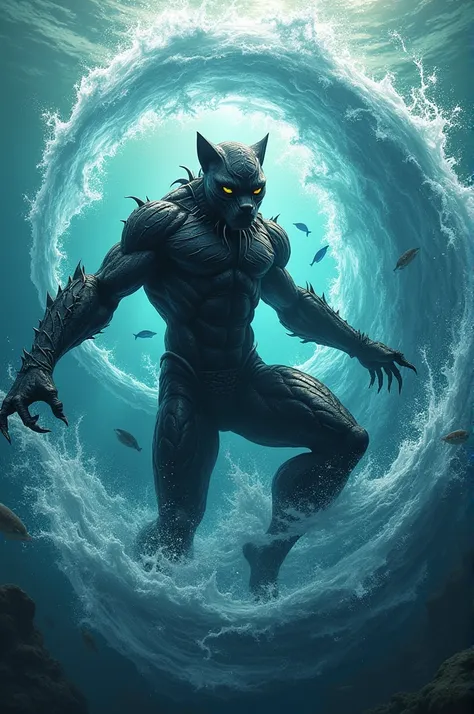 Hybrid Creature mix of Aquaman and black Panther making water tornado in ocean 