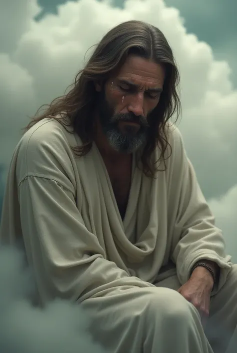 Ultra-realistic Jesus crying, sitting on the clouds, realism