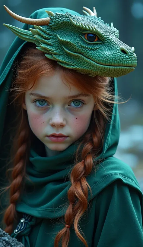 Beautiful Sony α7R IV, 1/320s, f/2.8, ISO 400, .Cinematic hyperrealism: "Portrait détaillé dune fille au visage angélique, cheveux rouges longs, vêtue de vert, et dun garçon aux traits fins, yeux vairons, vêtu de noir et bleu royal, chevauchant des dragons...