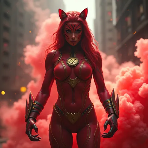 A powerfully beautiful superwoman looking like a red Cheetah, big Claws on her hands, rainbow colored smoke in the air,   on her chest the letters "QS "in gold,Avengers themed atmosphere ,the atmosphere is paranormal, occult, celestial, ghostly, unearthly,...