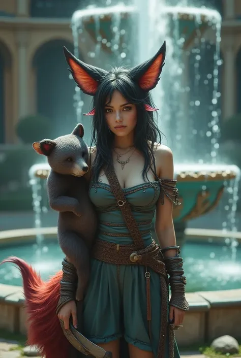  young woman,  standing next to a huge fountain  ,  sticking out of her head has a red and blue fox tail , hair ,   brown eye  ,horns, торчащие из ее головы ,  behind her back on her shoulder she has a small bear in her hands she holds an ax