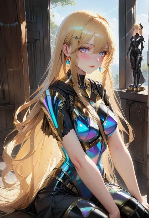 1girl,Long smooth straight golden hair, iridescent eyes,athletic hourglass figure,sitting in jk armour .masterpiece, super detail,detailed eyes, best quality, 8k,realistic