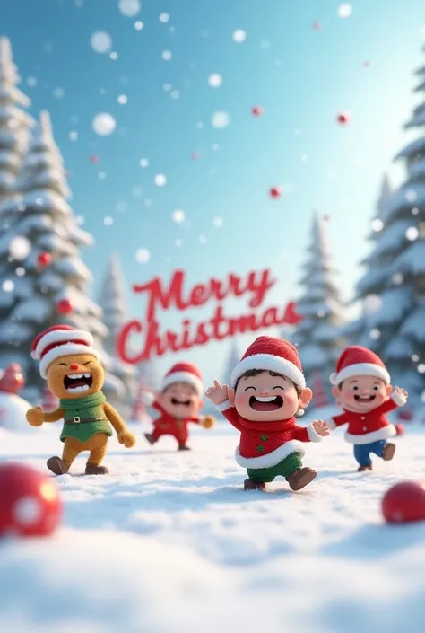 Christmas image of Intensely the movie wearing Christmas hats and playing in the snow, and a background notice that says merry Christmas in letters in Spanish ,in high resolution 3d  