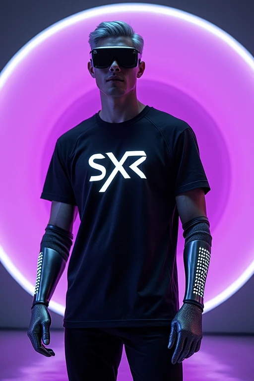 ((masterpiece)),((bestquality))
Photorealistic, Portrait of a handsome young man with short hair, silver gray, wearing a black t-shirt, SXR, glowing silver sci-fi style, high-tech luxury, standing in a glowing dome, shot. The SXR brand has an exotic and mo...