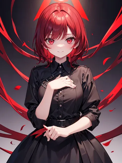 a girl, red eyes, so short red hair not have bangs, noble, mafia.  wavy hair. wear black uniform. strong woman.  wavy short hair.  vampire eyes. Background in luxurious mansion. she sad but she stay kind smiling. solo. 