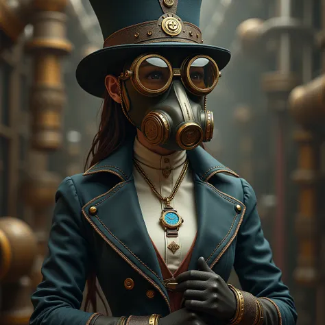  An elegant character in steampunk , welding goggles and respiratory mask ,  clothing with cuff mittens and a shiny blue watch on his chest