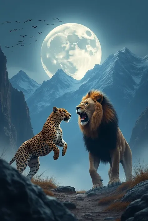 Leopard vs lion in back ground huge mountains and moon climbing and birds towards the moon 