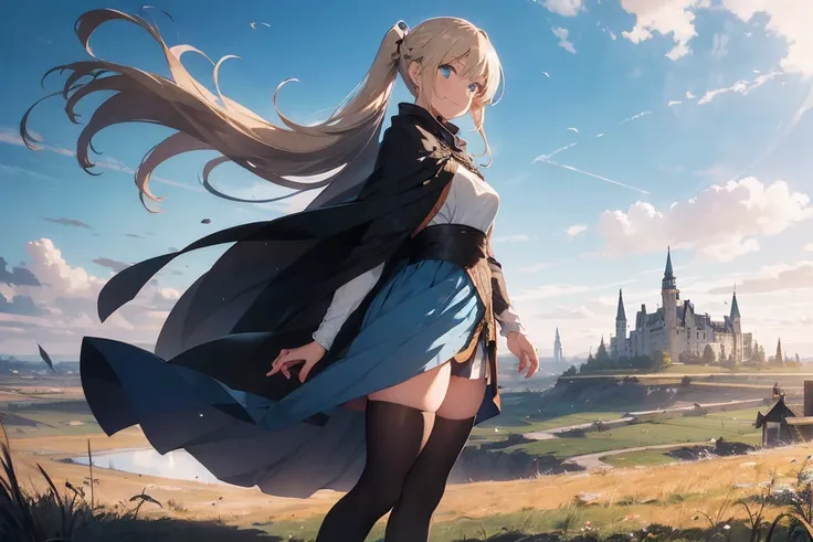 Female in her late teens　The Wandering Swordsman 　 Blonde Blue Eyes 　 has hair tied 　Cape　 long skirt 　 black tights　smile　Full body portrait　 It stands in an endless prairie that stretches beyond the horizon　 The city can be seen quite far away 　 The cast...