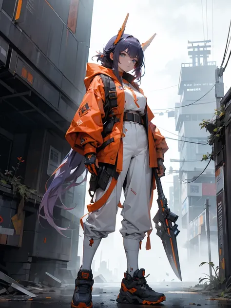 beautiful Taiwanese woman, 20 years old, blue eyes, long purple hair, wearing white and gray flat genocyber mechanical armor, with orange prism ear head, red oversized parka jacket with yellow strap with kanji writing, with red strap tassel, short tactical...