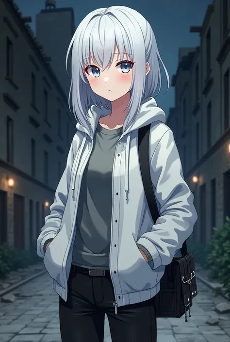 White Hair,Pure white skin,White Eyes, unkempt medium hair ,Neutral,Beautiful Boy,Crossdresser,female々Young boy,female性的な少年,Cute boy,Flexible,Sloping shoulders,Thin chest, crotch bulge , white thick windbreaker,Gray long sleeve ,black jeans , black shoulde...