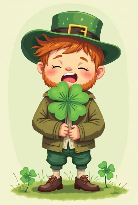 create two illustrations in PIXEL .  in the same scenario ,  the happily looking man holds a four-leaf clover  .The other drawing ,  the same character has a worried expression holding a three-leaf clover. 