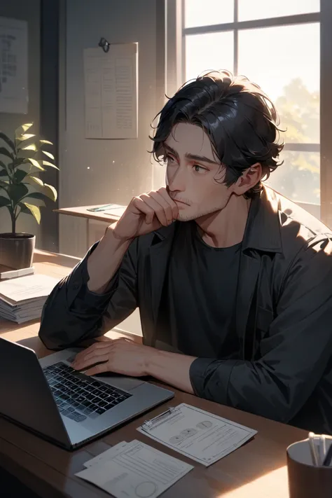 A Japanese man in his 50s with a slight stubble and an intellectual appearance is sitting in a simple office, deep in thought. His round face and wide eyes suggest concentration, while his black hair is styled in a soft, curly perm, gently framing his face...