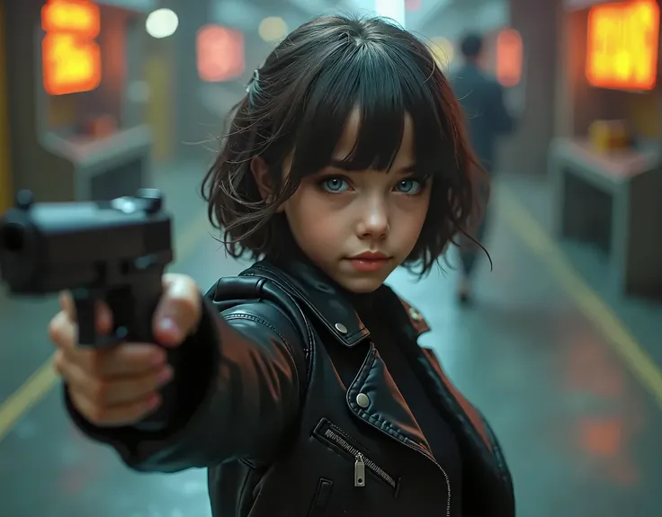 Captured from a high-angle, eye-level perspective, a medium-sized girl, dressed in a black leather jacket, holds a gun in her right hand. Her left hand is raised in the air, while her right arm rests on her hip. Her right arm is draped over her shoulder, a...