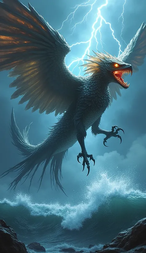 In the heart of a raging storm, a furious hybrid creature stands at the brink of the sea—a fusion of a Thunderbird and a massive, iridescent fish. Its wings, once those of a mighty avian, are now scaled and webbed, crackling with electric energy as lightni...