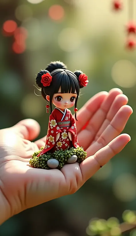 8k,The worlds smallest Japanese girl sitting in the palm of her hand,