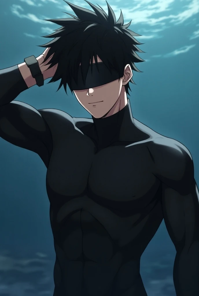  A male character with black hair ,  with a black blindfold,  is wearing a black diver with raised diver arms, black bracelet on the right hand, shows off her abs by slightly raising the diver,  with a black blindfold . Anime style. 