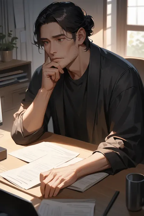 A Japanese man in his 50s with a slight stubble and an intellectual appearance is sitting in a simple office, deep in thought. His round face and wide eyes suggest concentration, while his black hair is styled in a soft, curly perm, gently framing his face...