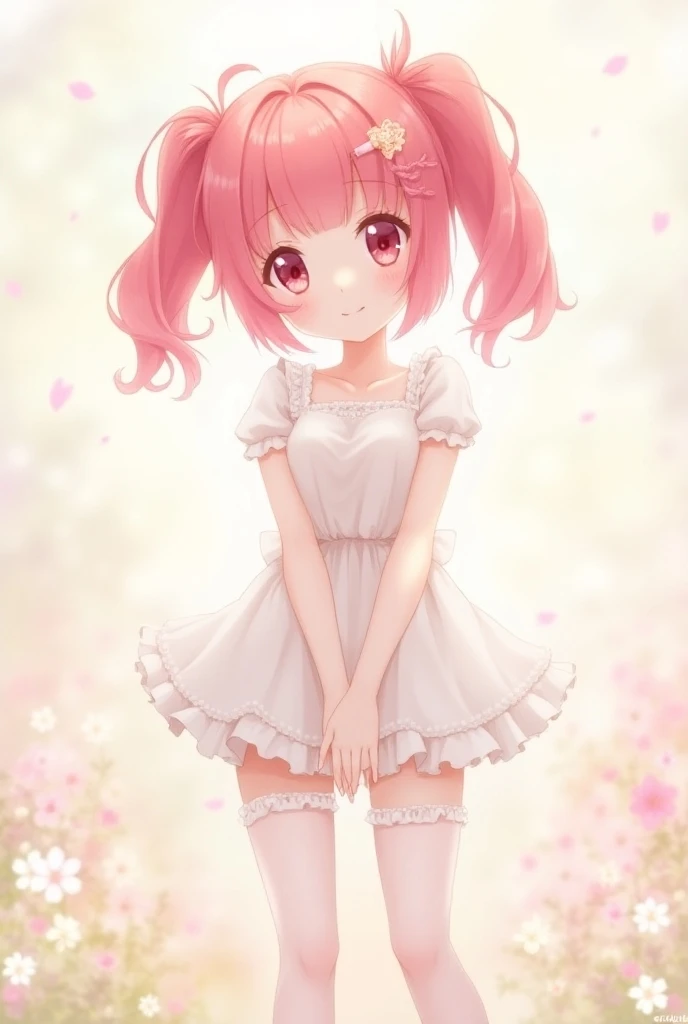 Cute anime girl with pink hair in white pantyhose is smiling