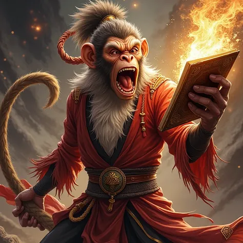  Discovery of the Book of Life and Death :  A scene of Wukong discovering that his name is in the Book of Life and Death . He is peeking at the book ,  with an expression of shock and anger . In the background,  shadows of spirits and mystical symbols sugg...