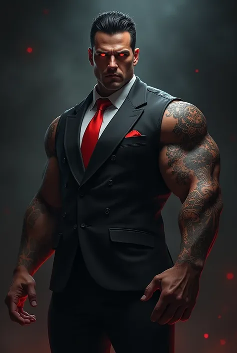  Strong tall man with black hair ,  glowing red eyes ,  wearing a suit with red tie and runic tattoos on his right arm