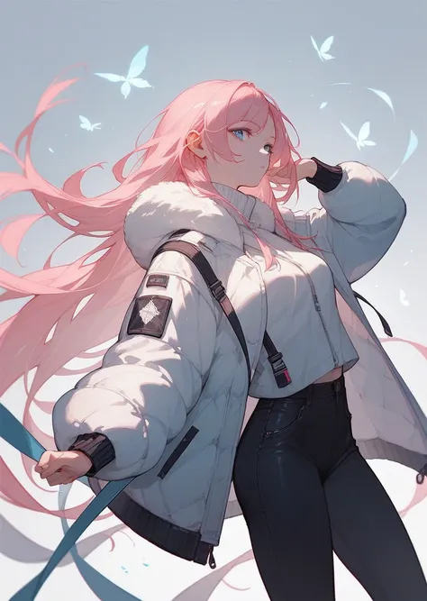 score_9, score_8_up, score_7_up, score_6_up, score_5_up, bang, 1girl, solo, pink hair, long hair, blue eyes, ((white short winter jacket)), medium breast, (pose), black trousers, 
