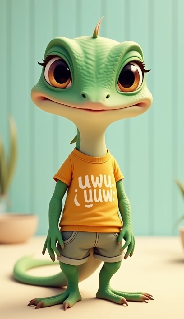 a 2D animation of a cute female lizard, standing upright with a cheerful and friendly posture. The lizard, the skin colour is grey, grey skin lizaed, is wearing a fitted shirt that has "uwu uwuw" written across the front in a playful, bright font, highligh...