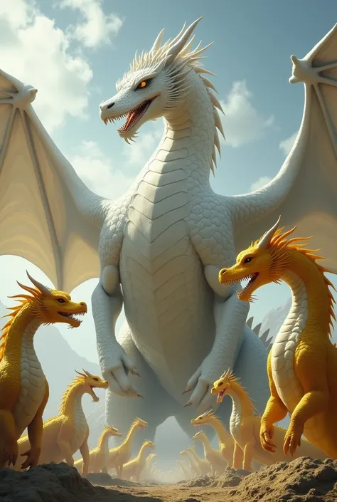 A big majestic white dragon standing while medium yellow dragons surround it from 3 sides