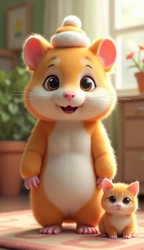  standing on two legs wearing realistic clothes,  wearing a gorgeous full body hamster costume、Wearing a hamster hat 、She has an adorable face .  looking at the camera. .  cute kitty looking straight at the camera . Cute room, Adorable expression, Big Eyes...