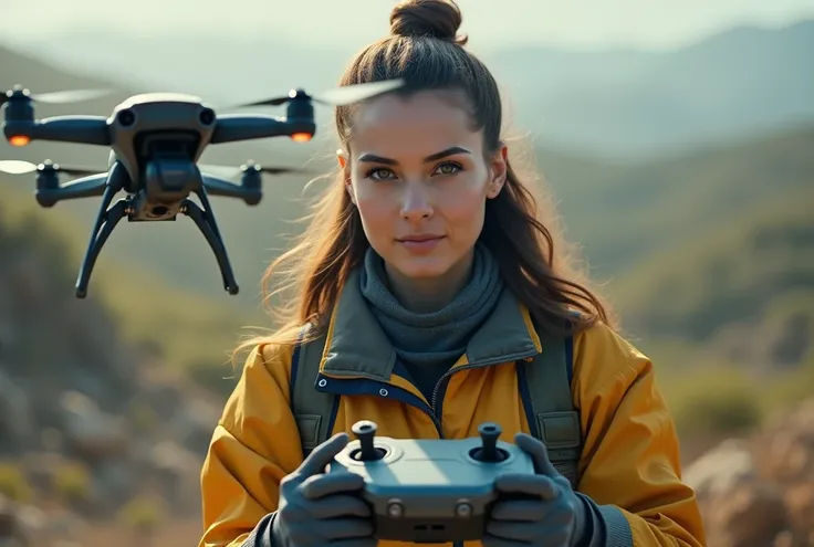 Women in engineering: representation of an empowered woman. woman is a drone operator. She is operating drone outside. Artistic shot with intersting perspective from above.