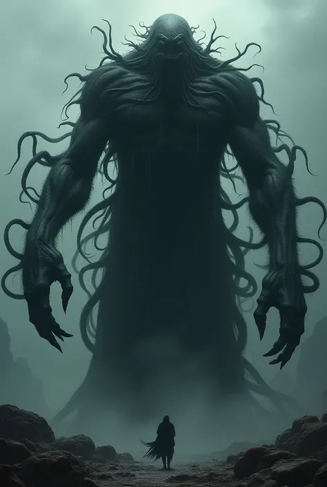 Dark colossal Titan ,  faceless and have many tentacles,  hands and feet are long  