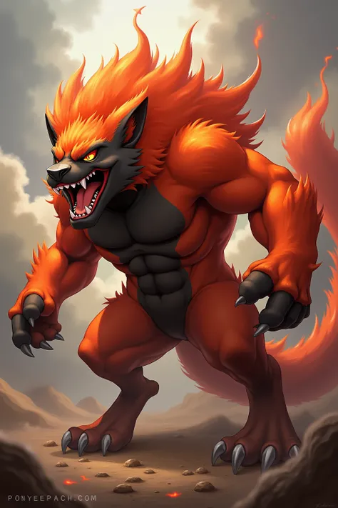  I want a fire-type Pokemon , large size, red with black , furry, that has claws ,  long legs and big fangs.