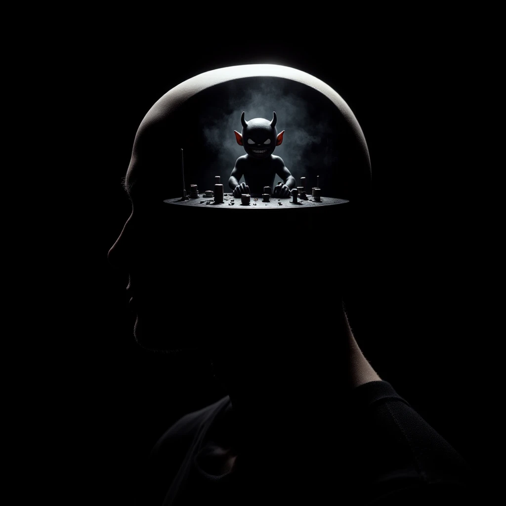 A silhouette of a human head, slightly transparent, revealing the interior of the mind. Inside it, a small devil with a sly smile sits at a control panel, with several levers and buttons, as if controlling the persons thoughts. The devils expression is mal...