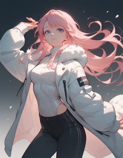 score_9, score_8_up, score_7_up, score_6_up, score_5_up, bang, 1girl, solo, pink hair, long hair, blue eyes, ((white short winter jacket)), medium breast, (pose), black trousers, 
