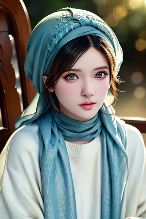 1girl, solo, beautiful face, high detailed realistic eyes, double eyelids, high detailed realistic pupils, (upon body from head to waist:1.36), (wearing hijab:1.37), (moslem headscarf:1.37), reading glasses, sitting alone on a long chair, amazing mosque pa...