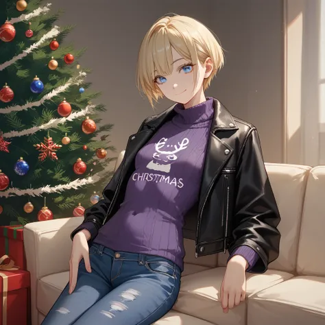 １A woman in her 30s、 very short cut hair 、new york、 Christmas、night、 blue eyes、Blonde、closed-mouth smile、( small breasts)、 Slim Body 、 black leather jacket 、 loose purple knitted sweater、no damage jeans