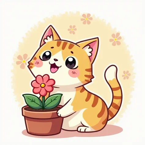 there is a cartoon cat holding a potted plant with a flower,  monster, ,   photo about flowers in Japanese  , , telegram sticker, cute anthropomorphic , , cat_