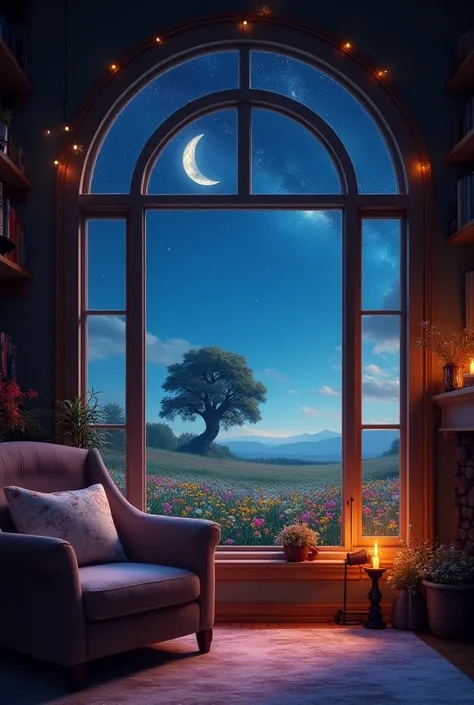 "A cozy nighttime scene in a warmly lit room with a large window taking up the center of the vertical frame, set in a 9:16 aspect ratio. Through the window, a starry night sky with a crescent moon shines brightly, surrounded by sparkling stars and vibrant ...