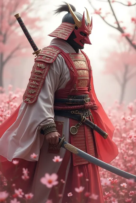  Imagine a mystical warrior with light and fluid armor in shades of red and white ,  inspired by the design of samurai robes .  His armor is covered with ancient symbols and details of golden metal cherry blossoms.  He carries a katana with a shining blade...