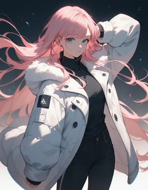 score_9, score_8_up, score_7_up, score_6_up, score_5_up, bang, 1girl, solo, pink hair, long hair, blue eyes, black sweaters, ((white short winter jacket)), medium breast, (pose), black trousers, 
